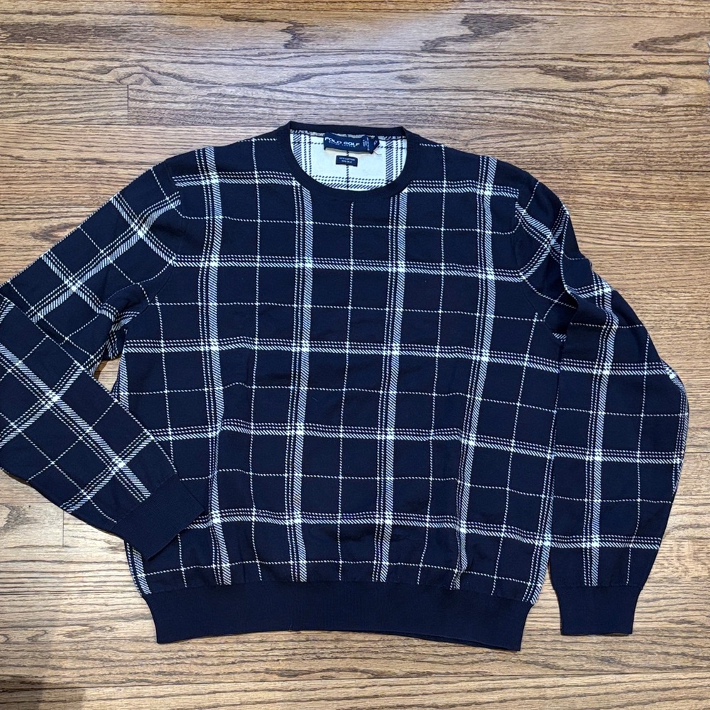 Polo Golf Navy Crewneck Sweater with White Windowpane Check XL
